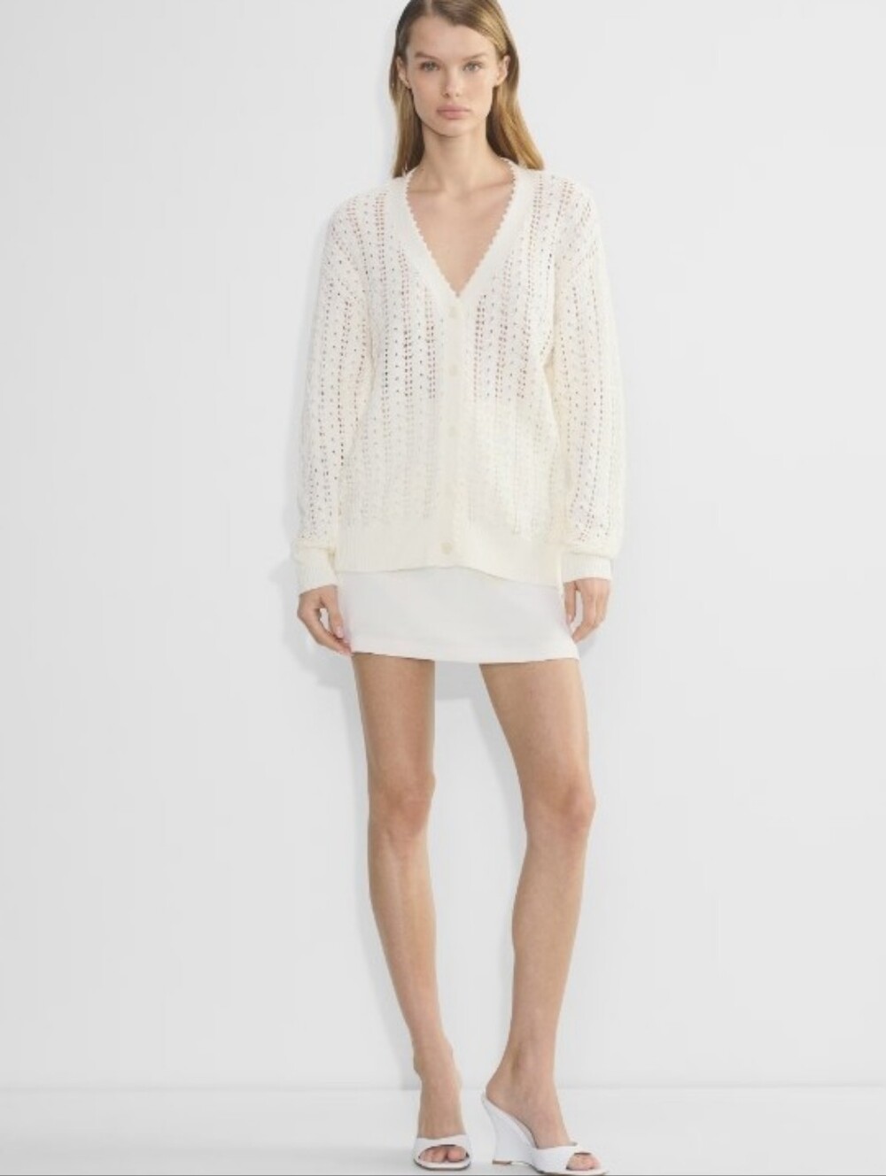 Wilfred Reverence Cream Cotton Open-Knit Relaxed V-Neck Button Cardigan Size XL
